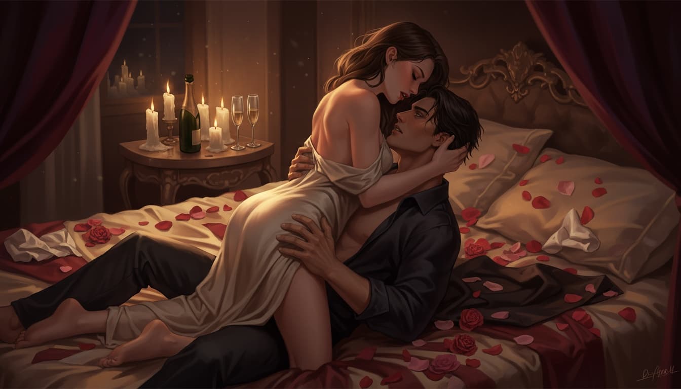 Passionate intimate embrace in candlelit bedroom showing uncensored adult content