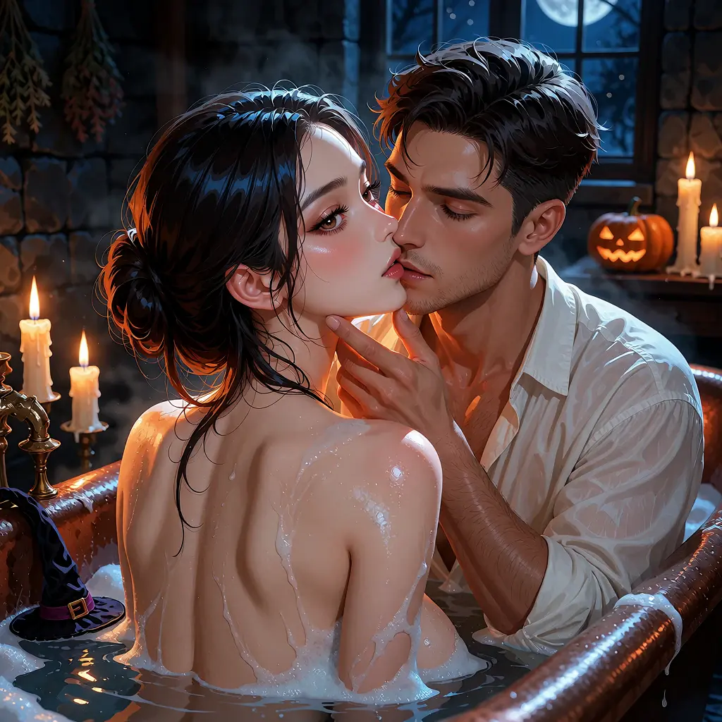 Seen from behind, a witch in a copper tub, her lover's hand on her jaw as he kisses her