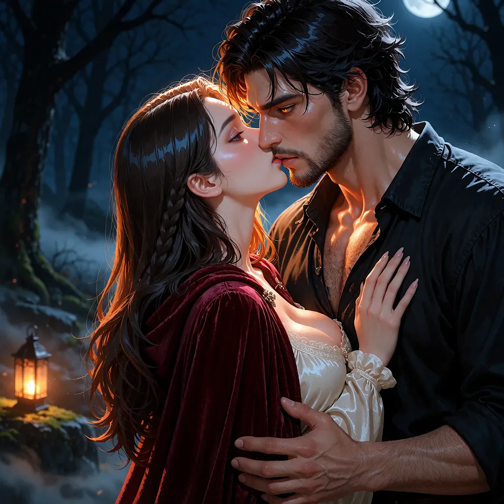 A werewolf kisses his lover in a red hooded cloak at the moonlit forest's edge